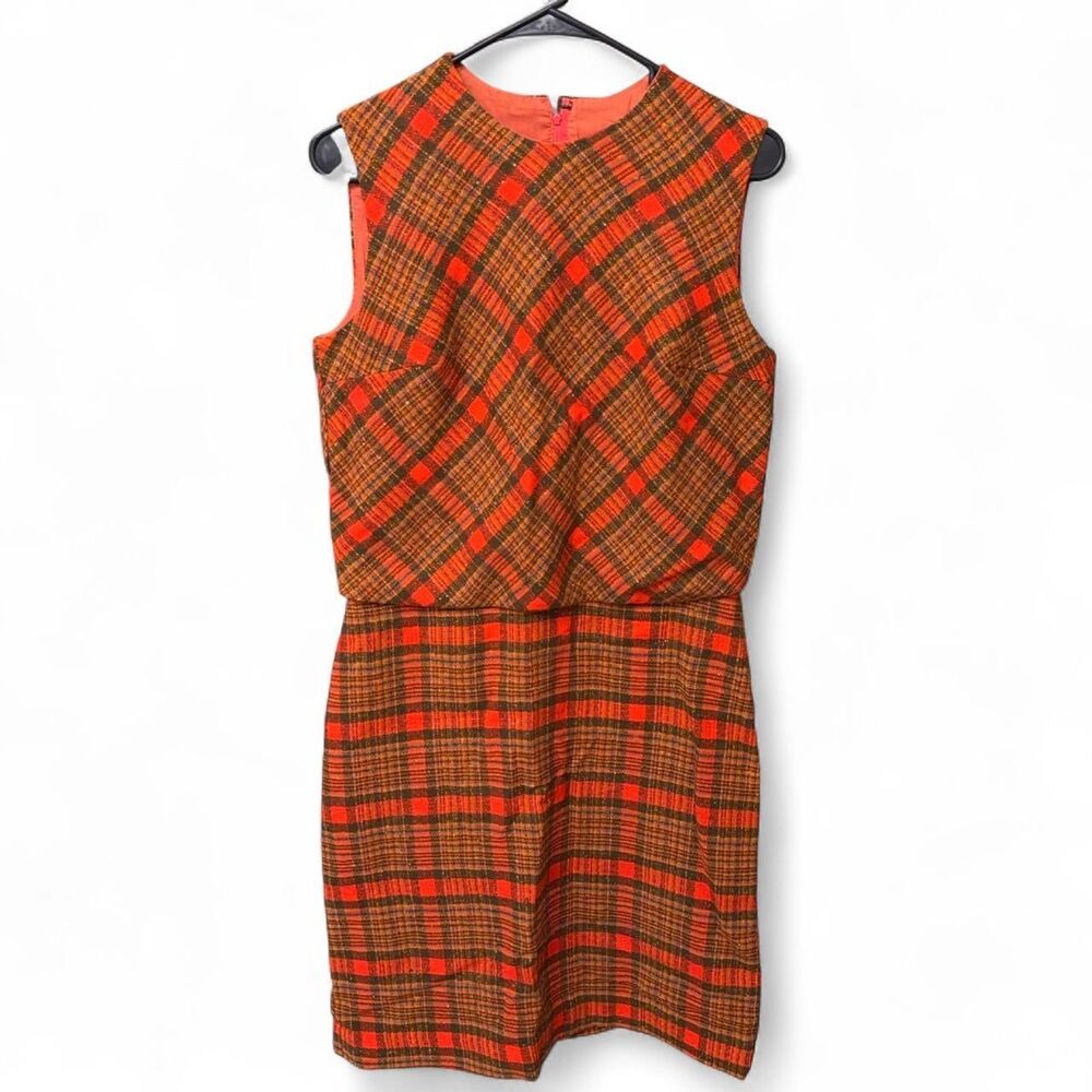 Vintage 60s Mod Orange Plaid Tweed Mini Dress size 13
